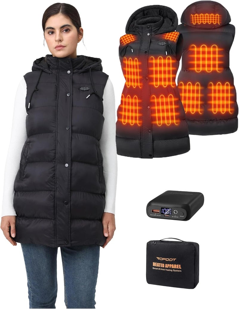 Topdot Store Long Puffer Heated Vest for Women with 16000mAh Battery Pack, 10 Heating Zones Hooded Winter Women's Heated Vest Outwear - Image 1